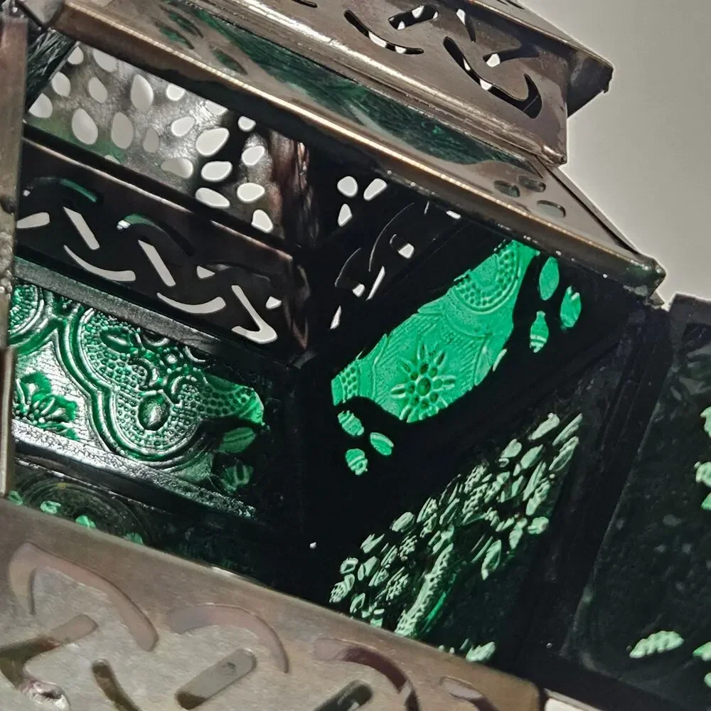 Vintage Pier 1 Imports Tree of Life Green Glass Moroccan Lantern